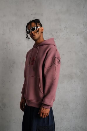 Erkek 3 İplik Pamuklu Kapüşonlu Baskılı Cepli Sweatshirt Hoodie - Gül Kurusu