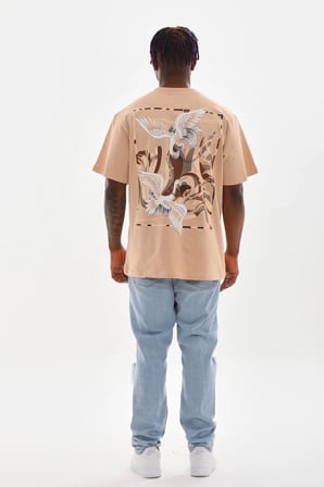 Erkek Baskılı T-Shirt Kısa Kol Bisiklet Yaka Rahat Kalıp Tişört - Bej