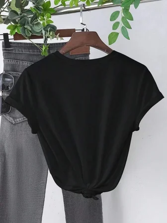 Kadın Kısa Kol Yazlık Tişört Bisiklet Yaka Baskılı Oversize T-Shirt - Siyah