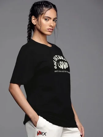 Kadın Baskılı T-Shirt Kısa Kol Bisiklet Yaka Oversize Rahat Kalıp Tişört - Siyah