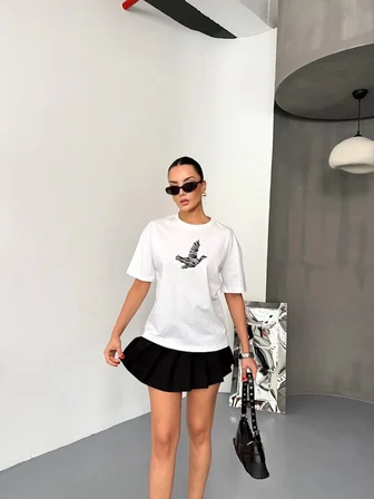 KADIN Baskılı T-Shirt Kısa Kol Bisiklet Yaka Regular Fit Yazlık Tişört - Beyaz