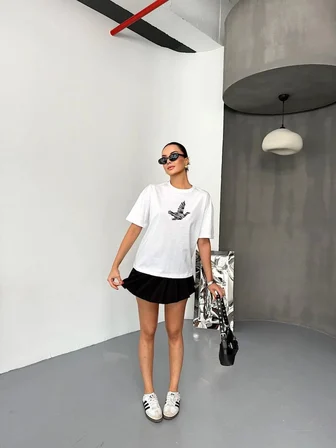 KADIN Baskılı T-Shirt Kısa Kol Bisiklet Yaka Regular Fit Yazlık Tişört - Beyaz