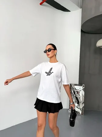 KADIN Baskılı T-Shirt Kısa Kol Bisiklet Yaka Regular Fit Yazlık Tişört - Beyaz