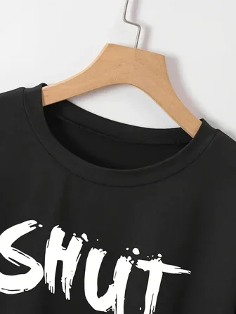 Kadın Tişört Shut Up Baskılı Kısa Kol Bisiklet Yaka T-Shirt - Siyah