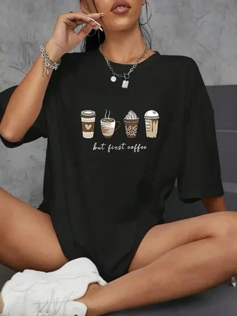 Kadın Kahve Desen Baskılı Tişört Kısa Kol Bisiklet Yaka Oversize T-Shirt - Siyah