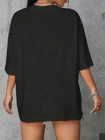 Kadın Kahve Desen Baskılı Tişört Kısa Kol Bisiklet Yaka Oversize T-Shirt - Siyah