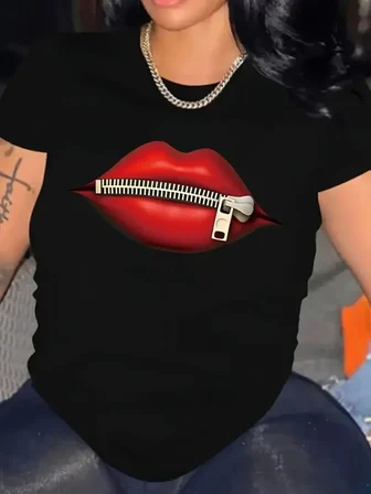 Kadın Kısa Kol Yazlık Tişört Bisiklet Yaka Dudak Baskılı T-Shirt - Siyah