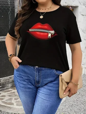 Kadın Kısa Kol Yazlık Tişört Bisiklet Yaka Dudak Baskılı T-Shirt - Siyah