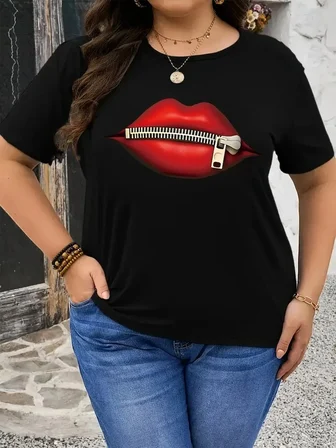 Kadın Kısa Kol Yazlık Tişört Bisiklet Yaka Dudak Baskılı T-Shirt - Siyah