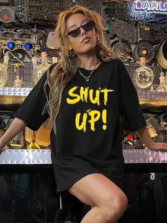 Kadın Tişört Shut up Baskılı Bisiklet Yaka Kısa Kol T-shirt - Siyah