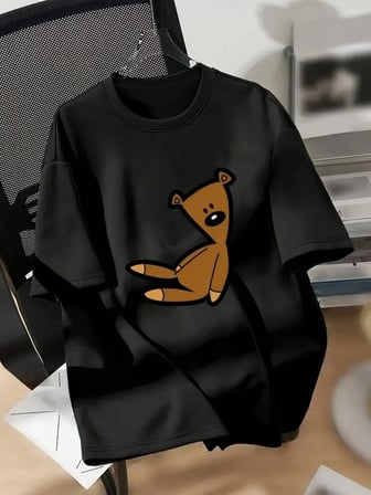 Kadın Tişört Ayı Baskılı Bisiklet Yaka Yazlık Kısa Kol T-shirt - Siyah