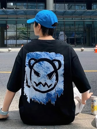 ERKEK  Tişört Bisiklet Yaka Kore tarzı baskı Kısa Kol t-shirt - Siyah