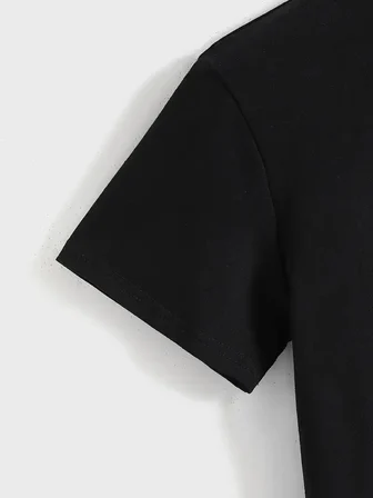 Kadın Baskılı Tişört Kısa Kol Bisiklet Yaka T-shirt - Siyah