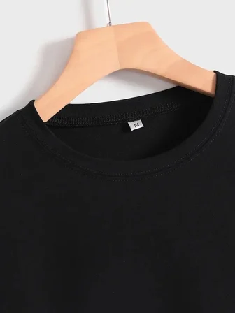 Kadın Baskılı Tişört Kısa Kol Bisiklet Yaka T-shirt - Siyah