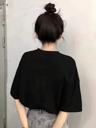 Kadın Kısa Kol Yazlık Tişört Bisiklet Yaka Baskılı Oversize T-Shirt - Siyah