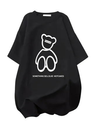 Kadın Tişört Penye Compack Baskılı Oversize Bisiklet Yaka T-shirt - Siyah