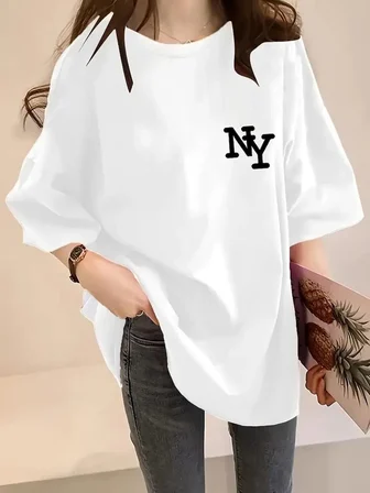 Kadın T-shirt Eğlenceli Harf NY Baskılı Bisiklet Yaka Tişört - Beyaz