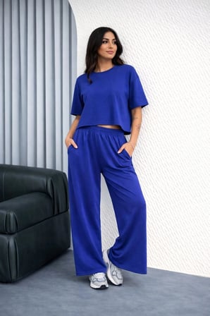 Kadın Osy Modal yumuşak dokulu Oversize İkili Bol Paça Pantolonlu Takım - Saks Mavisi