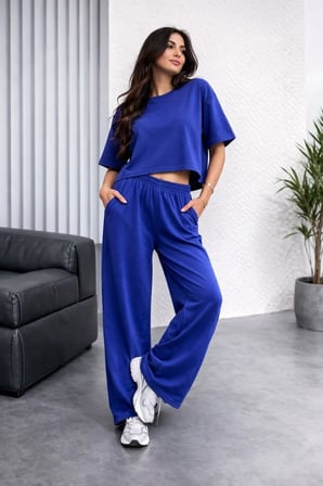 Kadın Osy Modal yumuşak dokulu Oversize İkili Bol Paça Pantolonlu Takım - Saks Mavisi