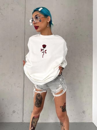kadın Bisiklet Yaka Baskılı Oversize Kısa kol  T-Shirt - Beyaz