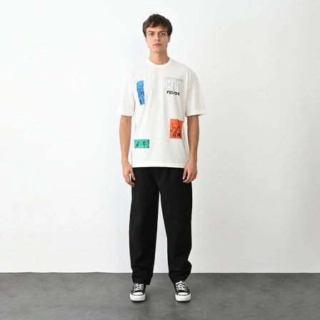 Erkek Kısa Kol Yazlık Tişört Bisiklet Yaka Baskılı Oversize T-Shirt - Beyaz