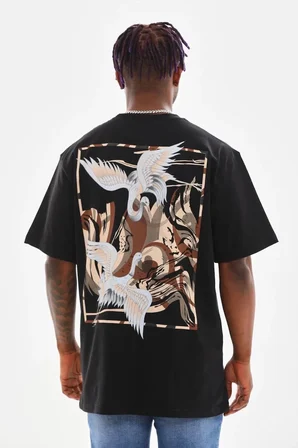 Erkek Baskılı T-Shirt Yazlık Kısa Kol Bisiklet Yaka Tişört - Siyah