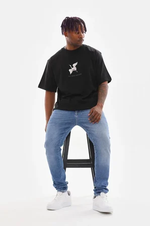 Erkek Baskılı T-Shirt Yazlık Kısa Kol Bisiklet Yaka Tişört - Siyah