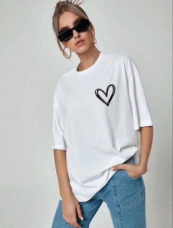 Kadın Tişort Kalp Baskılı Bisiklet yaka Kısa kol T-Shirt - Beyaz