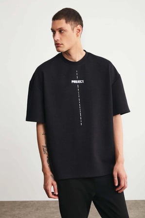 Erkek Baskılı T-Shirt Kısa Kol Bisiklet Yaka Regular Fit Rahat Kalıp Tişört - Siyah