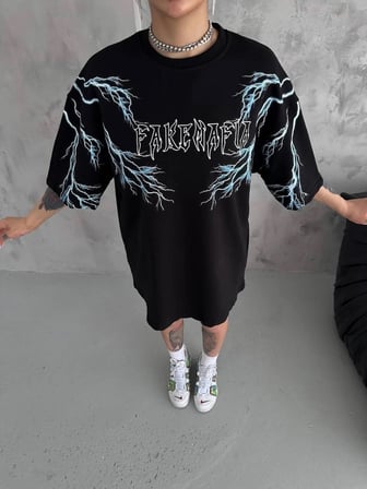 Kadın Bisiklet Yaka Baskılı  Kısa kol Oversize T-Shirt - Siyah