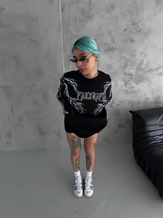 Kadın Bisiklet Yaka Baskılı  Kısa kol Oversize T-Shirt - Siyah
