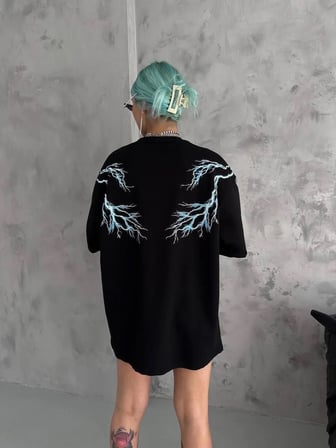Kadın Bisiklet Yaka Baskılı  Kısa kol Oversize T-Shirt - Siyah