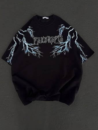 Kadın Bisiklet Yaka Baskılı  Kısa kol Oversize T-Shirt - Siyah