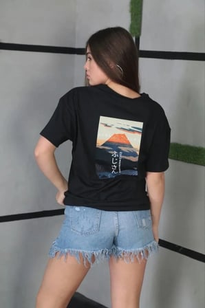 Kadın Bisiklet Yaka Baskılı Kısa kol Oversize T-Shirt - Siyah