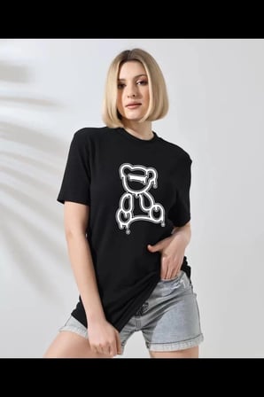 Kadın Bisiklet Yaka Baskılı  Kısa kol T-Shirt - Siyah