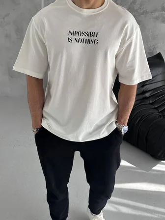 Erkek Bisiklet Yaka Baskılı Oversize  Kısa kol T-Shirt - Beyaz