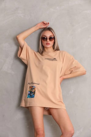 kadın Bisiklet Yaka Baskılı Oversize Kısa kol T-Shirt - Bej