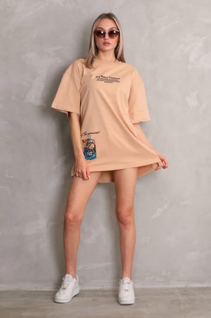 kadın Bisiklet Yaka Baskılı Oversize Kısa kol T-Shirt - Bej