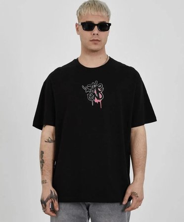 Erkek Kısa Kol Yazlık Tişört Bisiklet Yaka Baskılı Oversize T-Shirt -  Siyah