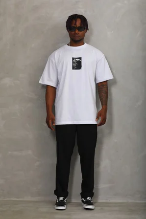 Erkek Kısa Kol Yazlık Tişört Bisiklet Yaka Baskılı Oversize T-Shirt - Beyaz