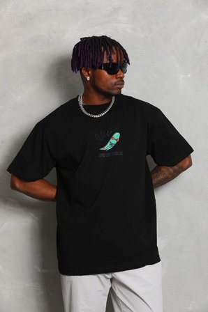 Erkek Baskılı T-Shirt Kısa Kol Bisiklet Yaka Rahat Kalıp Tişört - Siyah