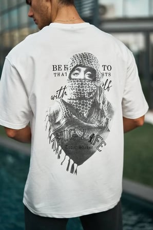 Erkek Kısa Kol Tişört Bisiklet Yaka Filistin Poşulu Baskılı T-Shirt - Beyaz