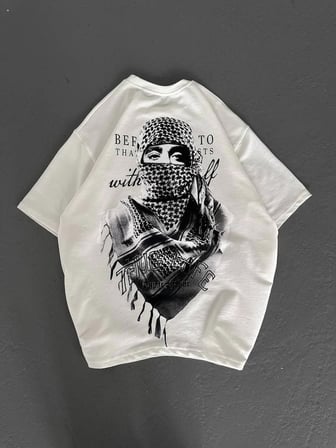 Erkek Kısa Kol Tişört Bisiklet Yaka Filistin Poşulu Baskılı T-Shirt - Beyaz
