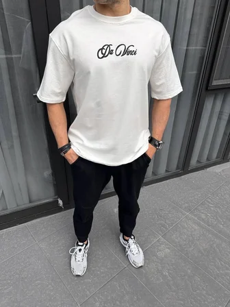 Erkek Baskılı T-Shirt Kısa Kol Bisiklet Yaka Regular Fit Rahat Kalıp Günlük Tişört - Beyaz