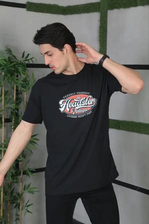 Erkek Baskılı T-Shirt Kısa Kol Bisiklet Yaka Regular Fit Rahat Kalıp Günlük Tişört - Siyah