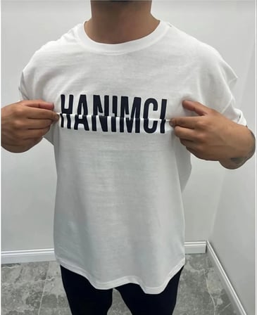 Erkek Tişört Kısa Kol Bisiklet Yaka Katlanan HANIMCI Baskılı T-Shirt - Beyaz