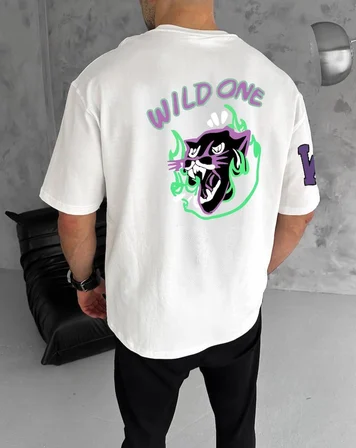 Erkek Kısa Kol Tişört Bisiklet Yaka W Wildone Baskılı T-Shirt - Beyaz
