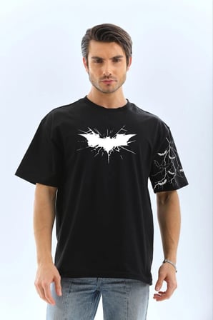 ERKEK Bisiklet yaka tişort Ön ve Kol YARASA Baskılı T-shirt - Siyah