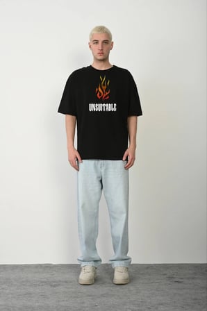 Erkek Baskılı T-Shirt Kısa Kol Bisiklet Yaka Regular Fit Rahat Kalıp Günlük Tişört - Siyah