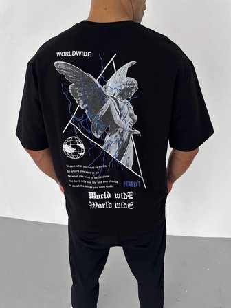 Erkek Baskılı T-Shirt Kısa Kol Bisiklet Yaka Regular Fit Rahat Kalıp Günlük Tişört - Siyah